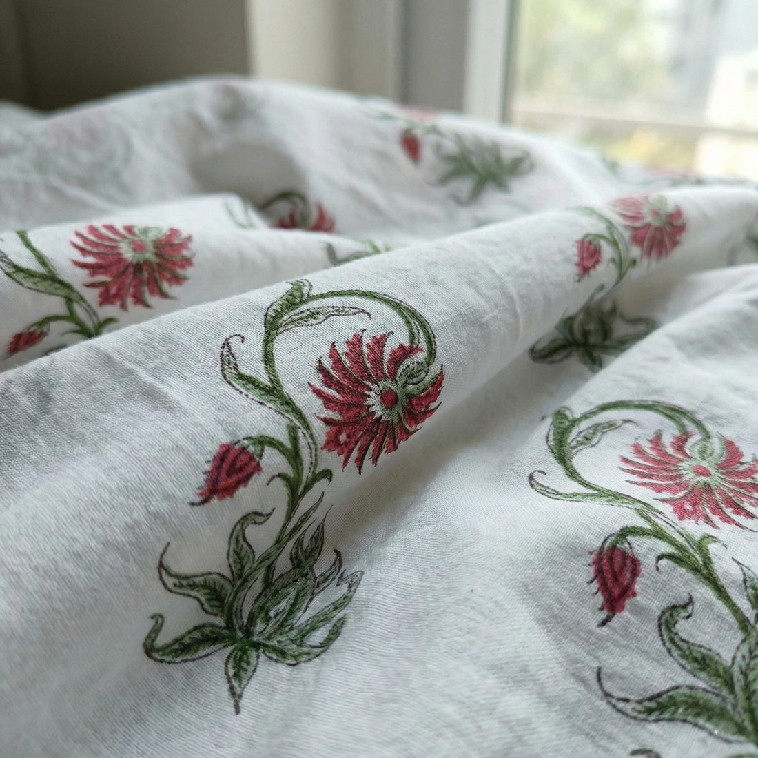 Hand Block Print Cotton Curtain, Red Floral Vine, Semi Sheer Drapes — image 1