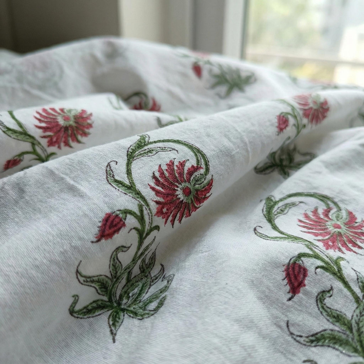 Hand Block Print Cotton Curtain, Red Floral Vine, Semi Sheer Drapes — image 2