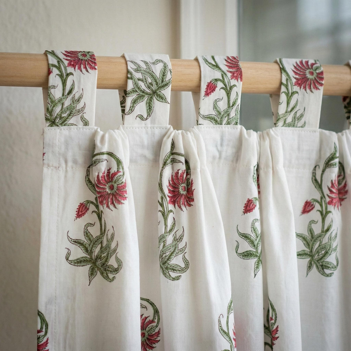 Hand Block Print Cotton Curtain, Red Floral Vine, Semi Sheer Drapes — image 8