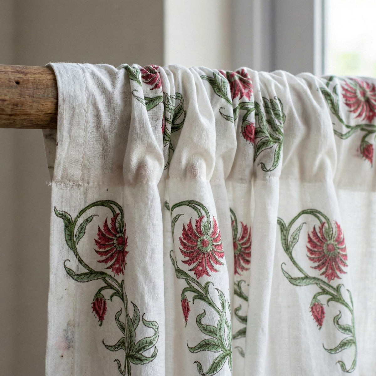 Hand Block Print Cotton Curtain, Red Floral Vine, Semi Sheer Drapes — image 9