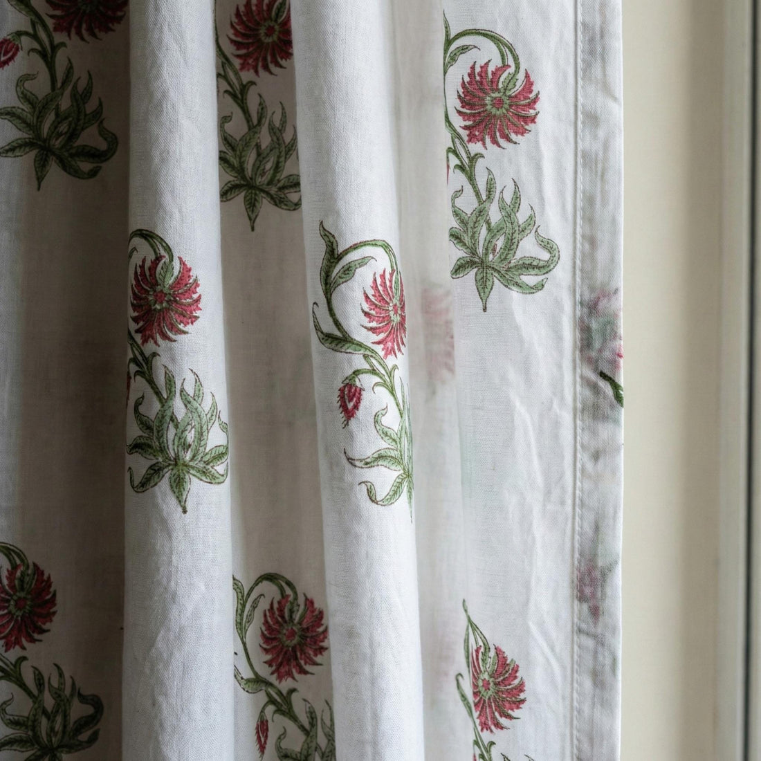 Hand Block Print Cotton Curtain, Red Floral Vine, Semi Sheer Drapes — image 1
