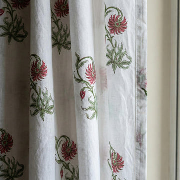 Hand Block Print Cotton Curtain, Red Floral Vine, Semi Sheer Drapes — image 1