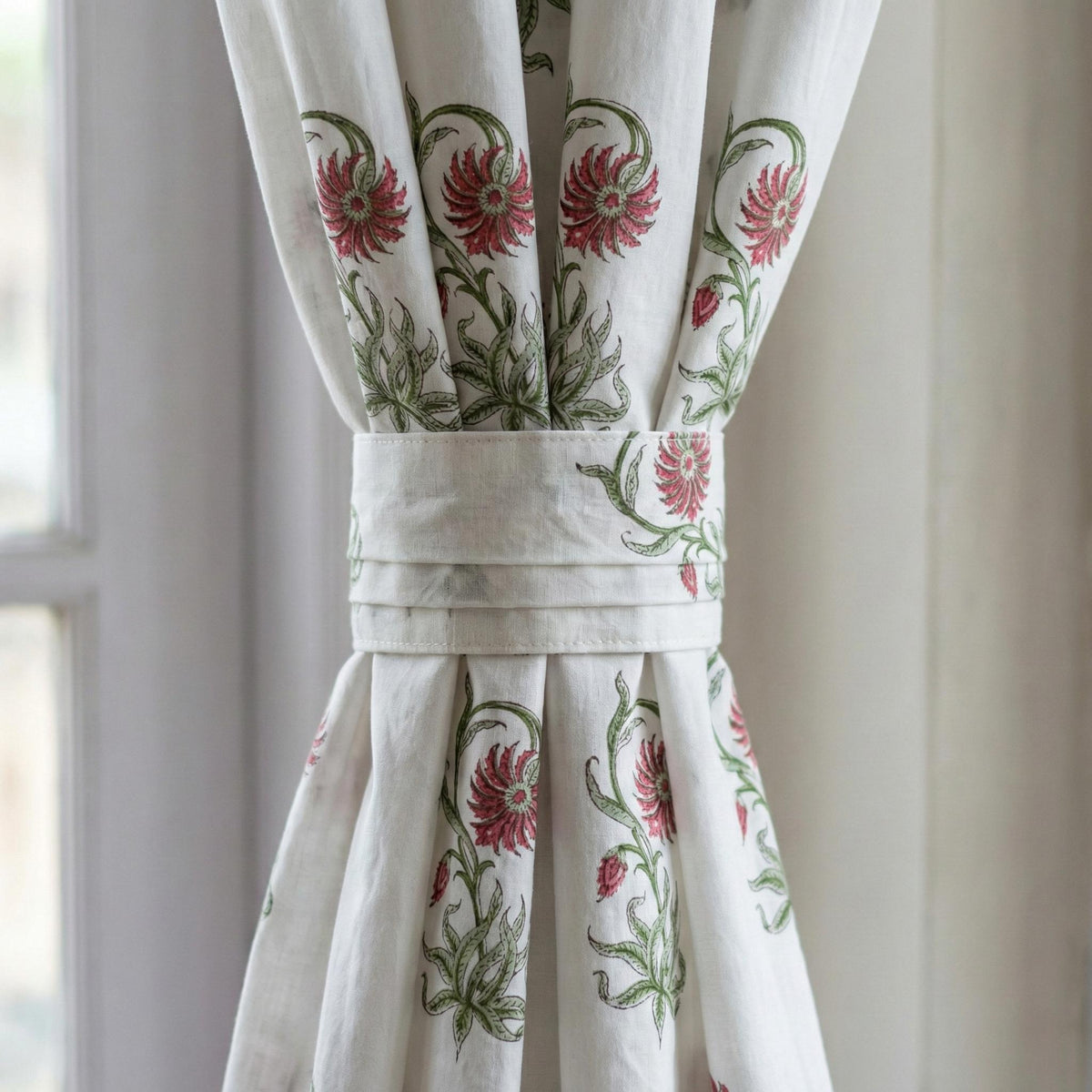 Hand Block Print Cotton Curtain, Red Floral Vine, Semi Sheer Drapes — image 4