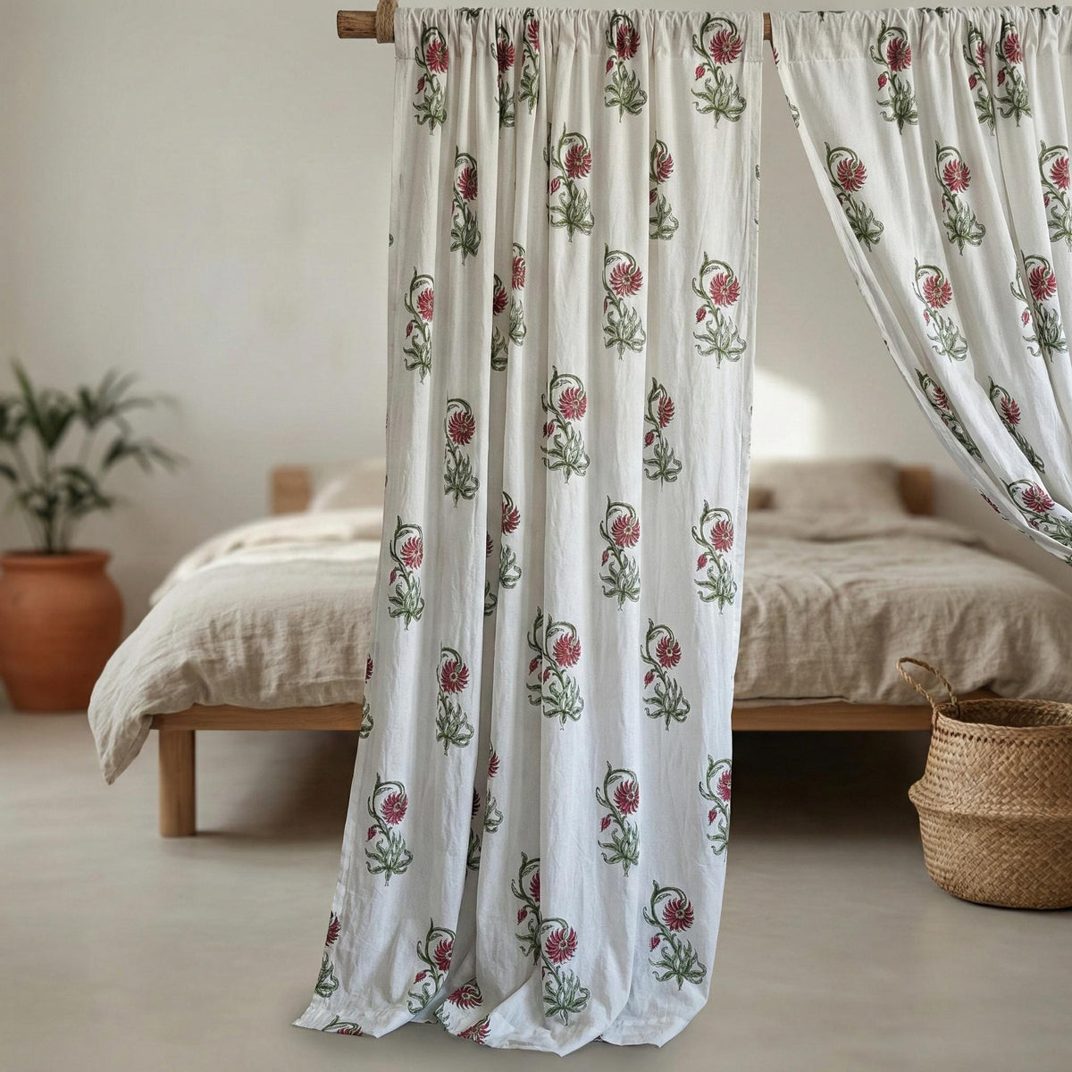 Hand Block Print Cotton Curtain, Red Floral Vine, Semi Sheer Drapes — image 6