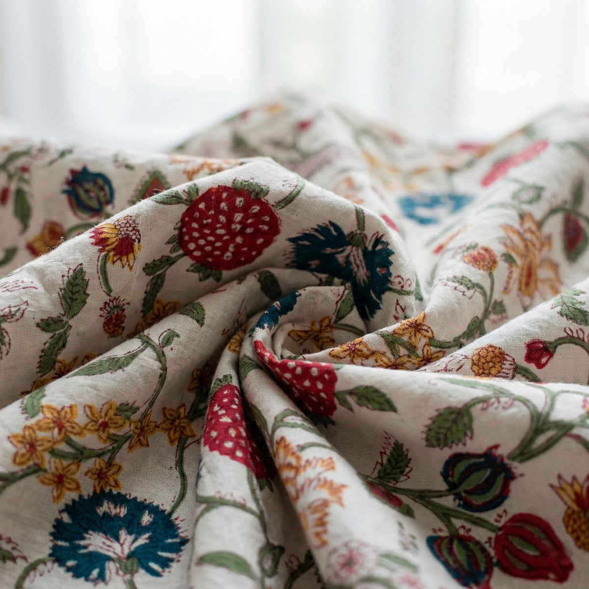 Hand Block Print Organic Cotton Curtains, Floral Vine, Semi Sheer — image 7