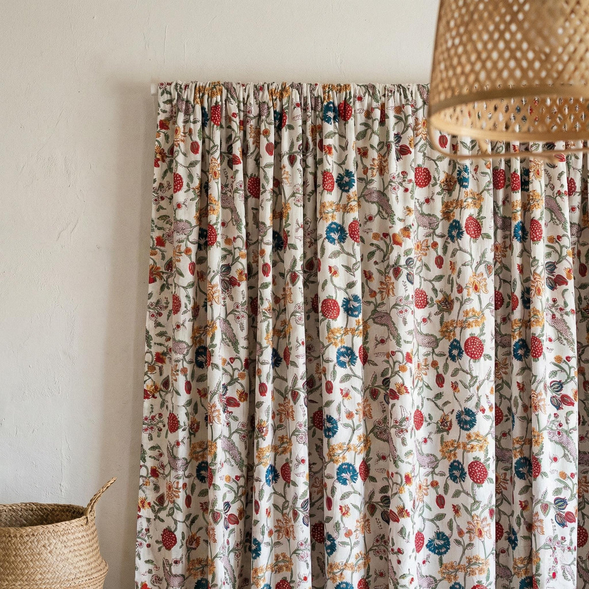 Hand Block Print Organic Cotton Curtains, Floral Vine, Semi Sheer — image 8