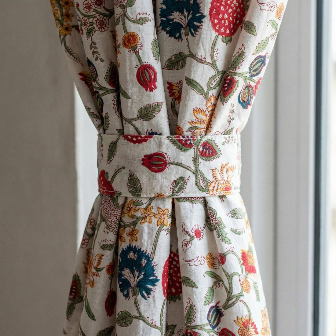 Hand Block Print Organic Cotton Curtains, Floral Vine, Semi Sheer — image 1