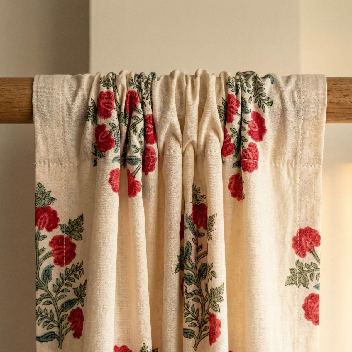 Hand Block Print Organic Cotton Curtains, Red Floral — image 7