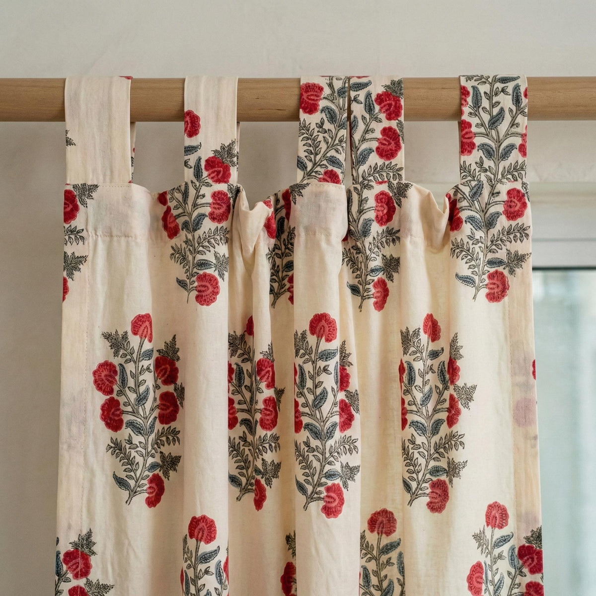 Hand Block Print Organic Cotton Curtains, Red Floral — image 8