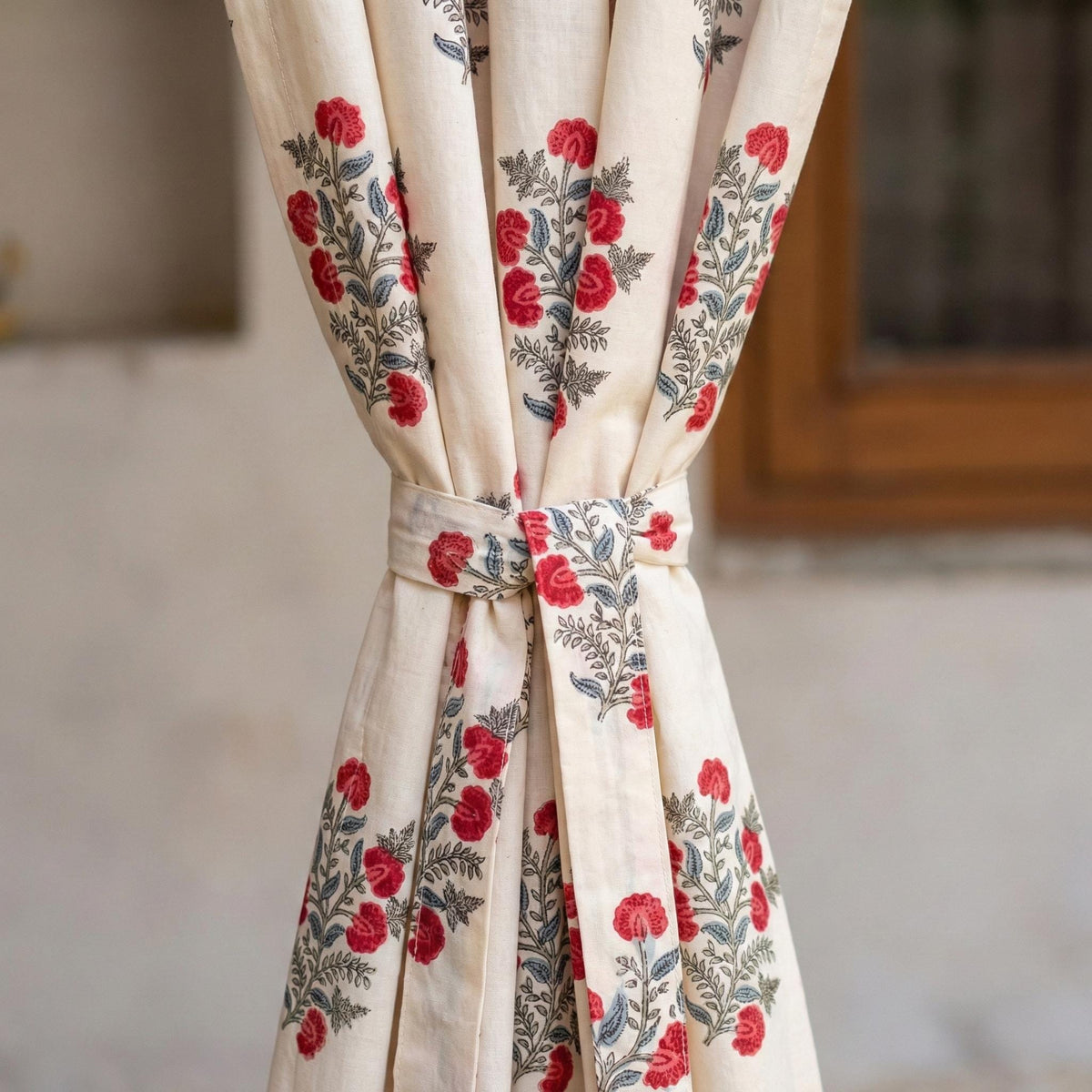 Hand Block Print Organic Cotton Curtains, Red Floral — image 3