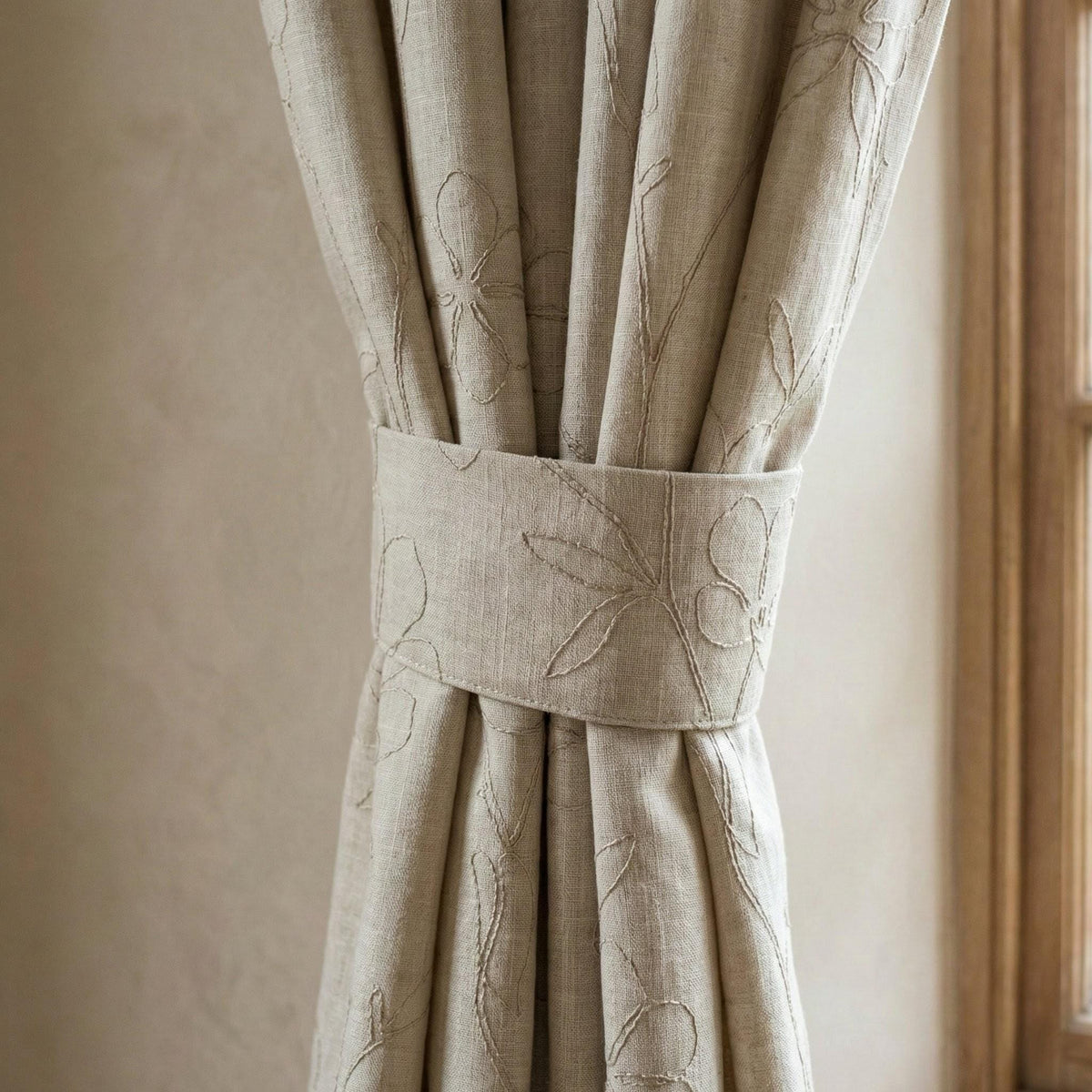 Beige Linen Curtains, Floral Embroidered, Custom Size, Unlined/Lined — image 4