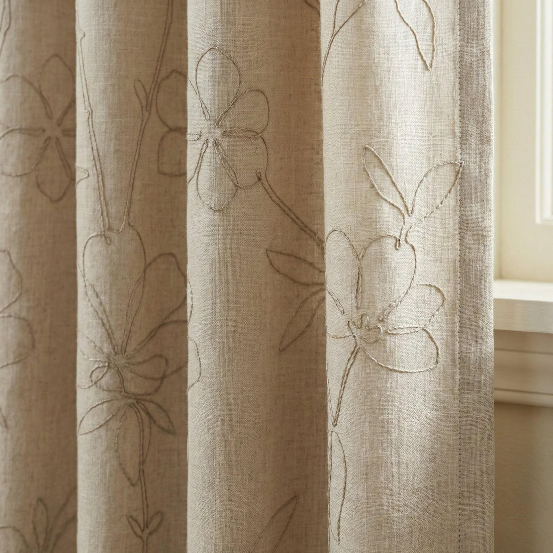 Beige Linen Curtains, Floral Embroidered, Custom Size, Unlined/Lined — image 1