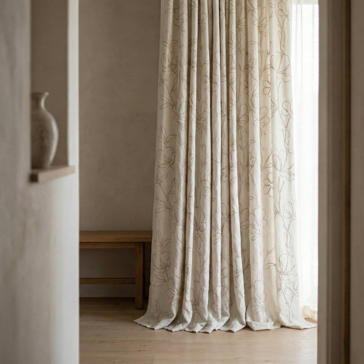 Embroidered Linen Curtain, Floral Outline Stitch, Custom Size — image 5