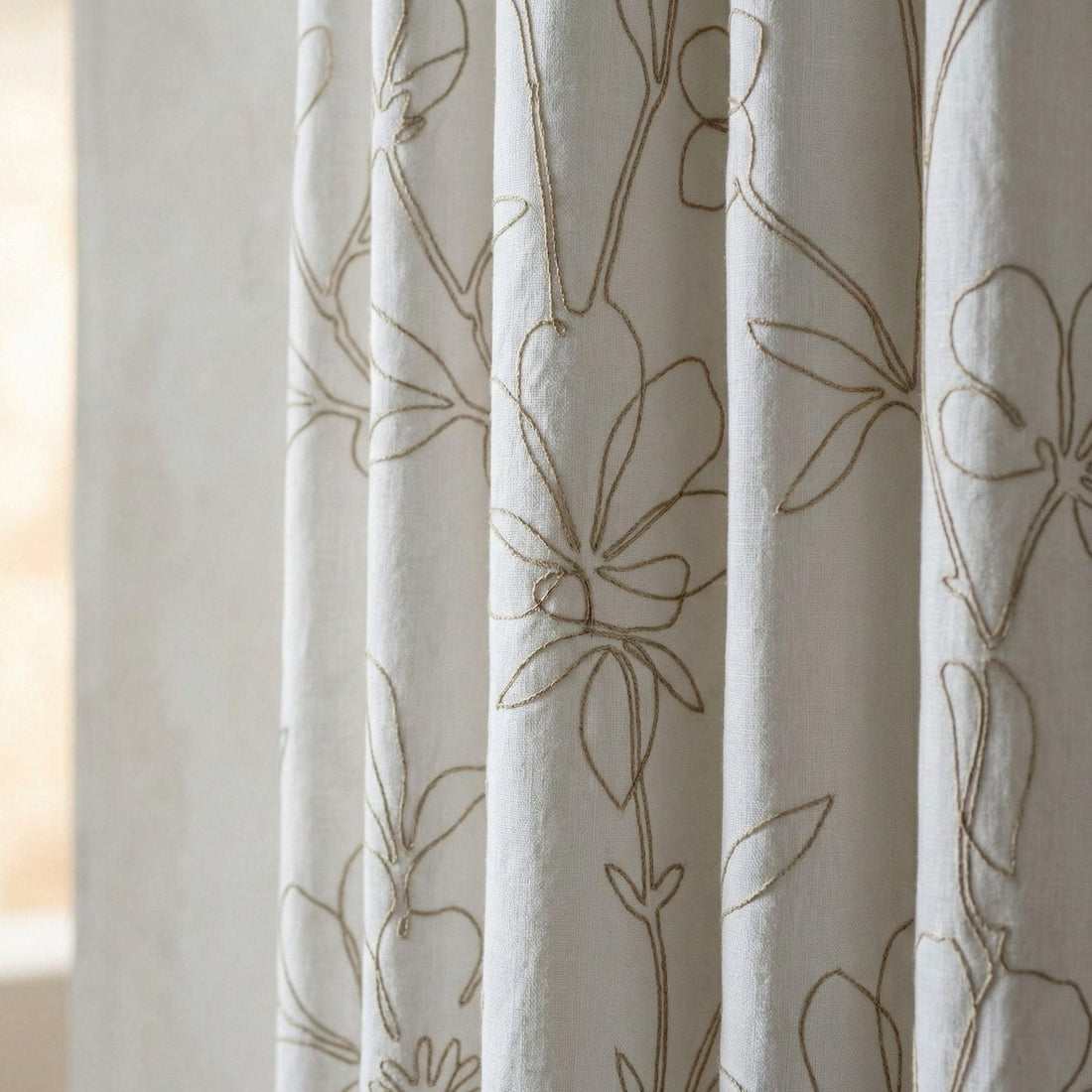 Embroidered Linen Curtain, Floral Outline Stitch, Custom Size — image 1