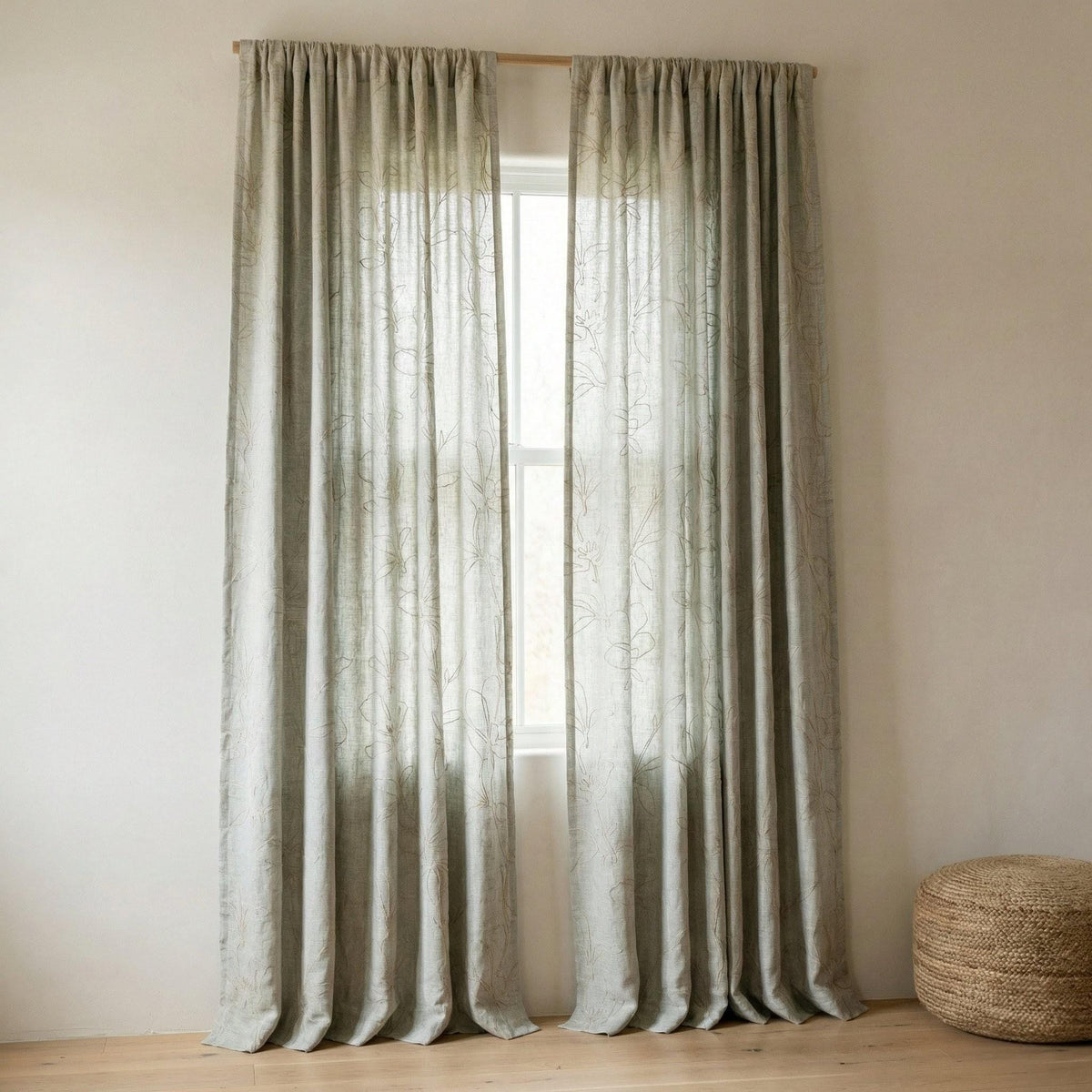 Embroidered Linen Curtain, Sage Mint Floral Outline, Custom Size — image 6