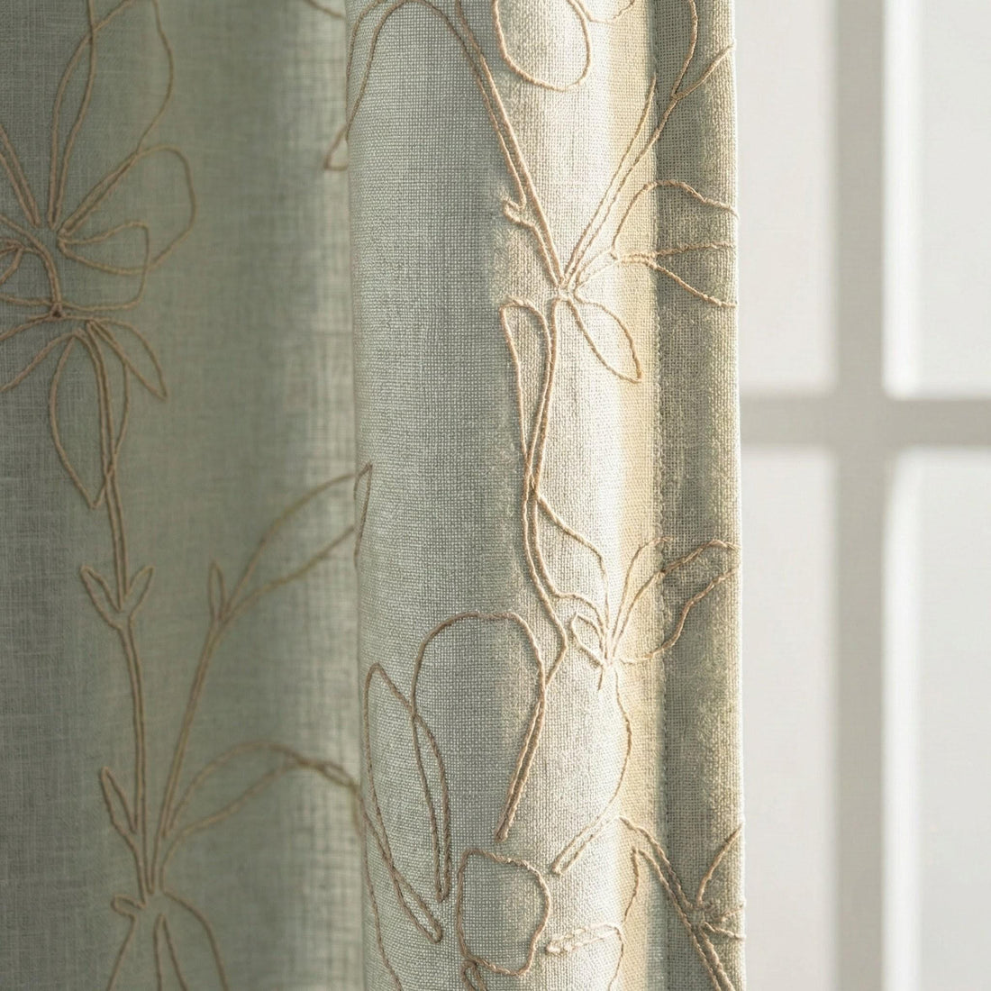 Embroidered Linen Curtain, Sage Mint Floral Outline, Custom Size — image 1