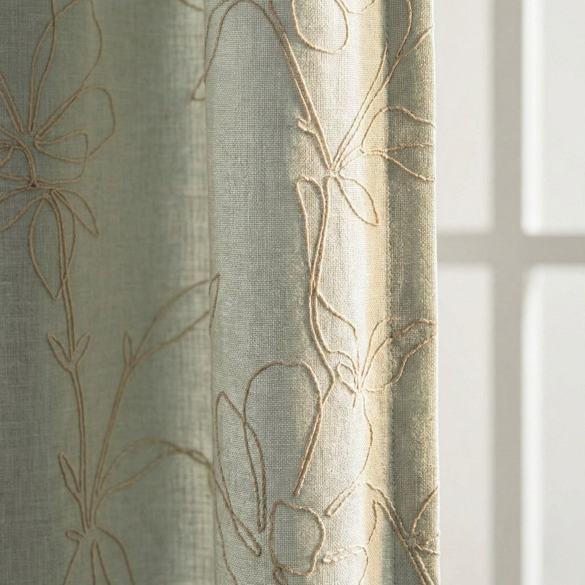 Embroidered Linen Curtain, Sage Mint Floral Outline, Custom Size — image 1