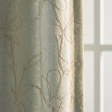 Embroidered Linen Curtain, Sage Mint Floral Outline, Custom Size — image 1