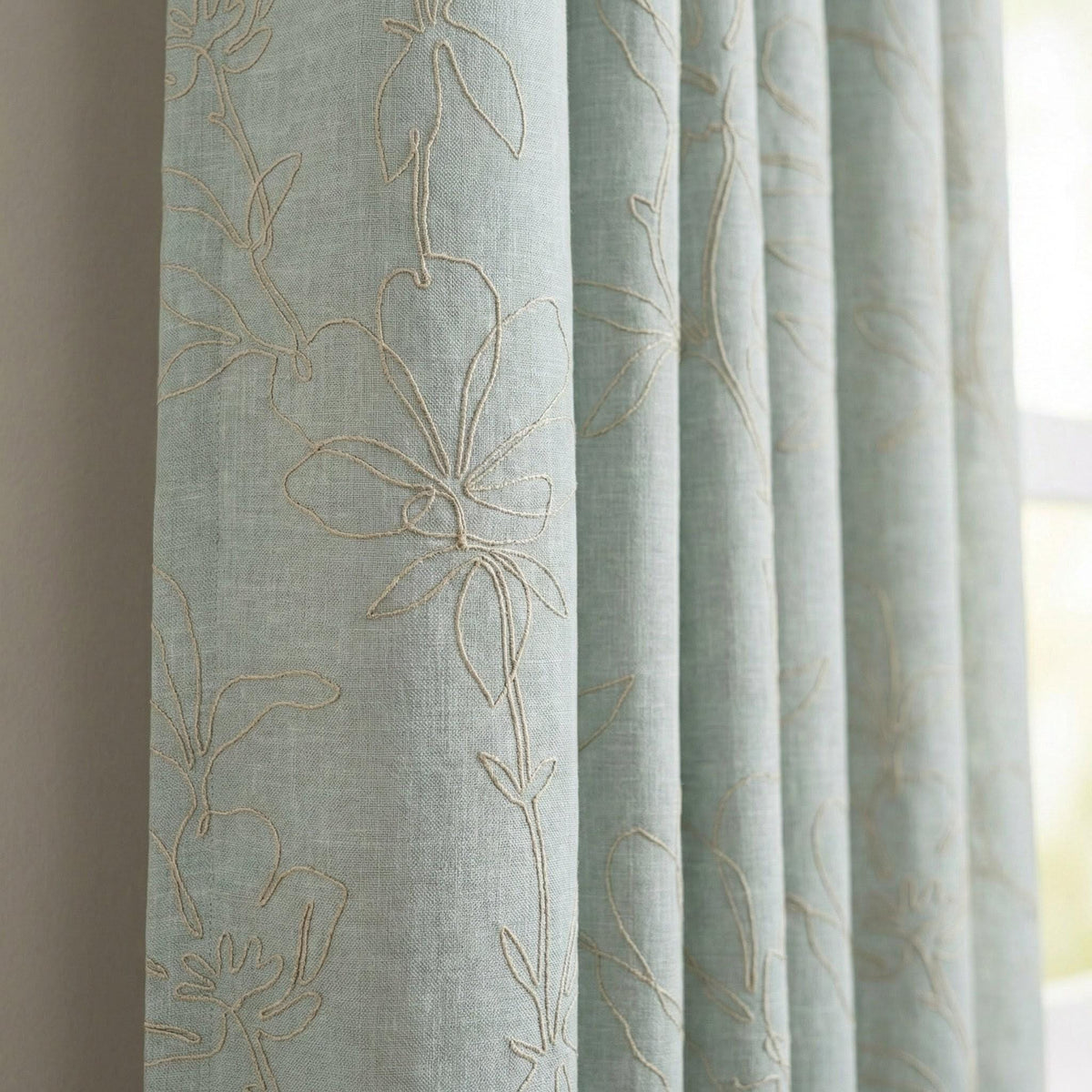 Embroidered Linen Curtain, Sage Mint Floral Outline, Custom Size — image 2
