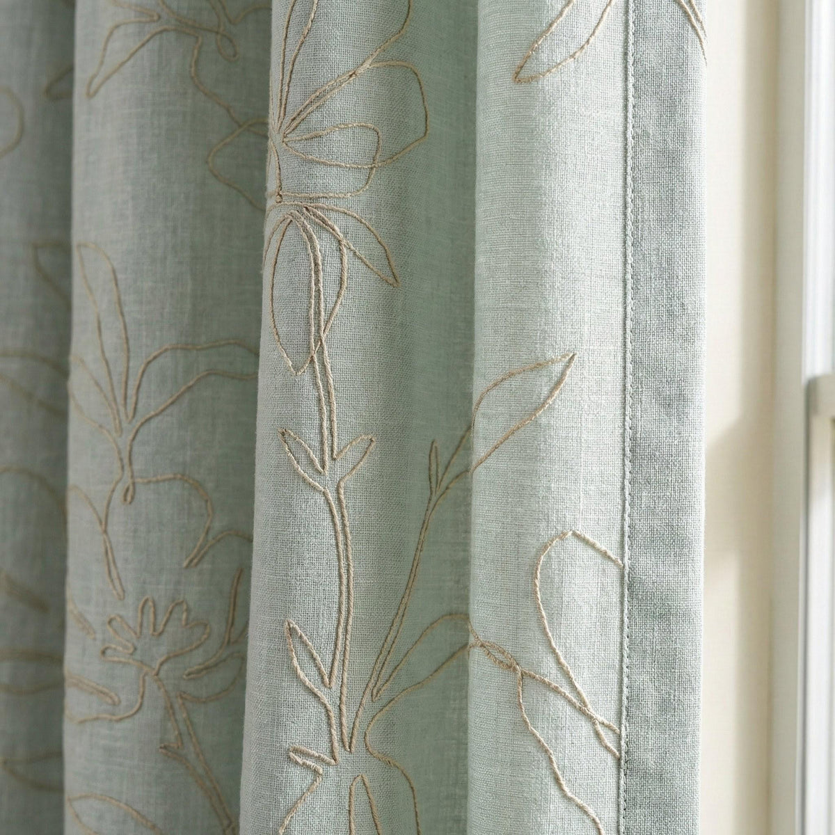 Embroidered Linen Curtain, Sage Mint Floral Outline, Custom Size — image 4