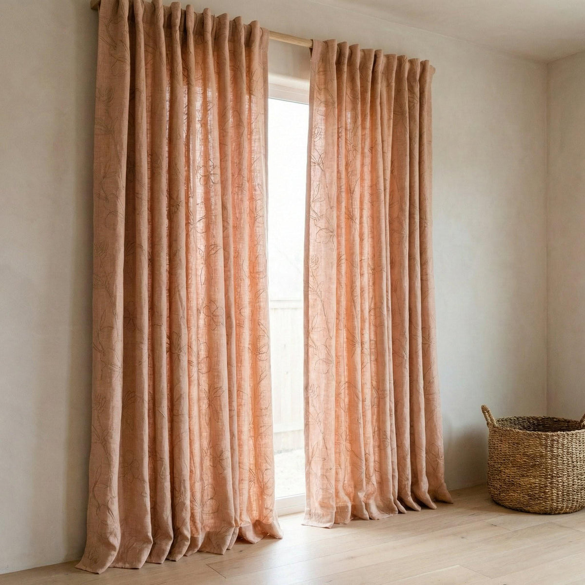 Embroidered Linen Curtains, Dusty Blush Pink, Minimal Floral — image 5