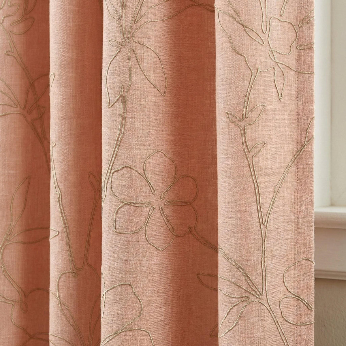 Embroidered Linen Curtains, Dusty Blush Pink, Minimal Floral — image 1