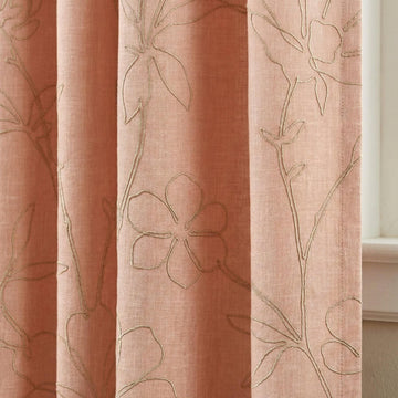 Embroidered Linen Curtains, Dusty Blush Pink, Minimal Floral — image 1