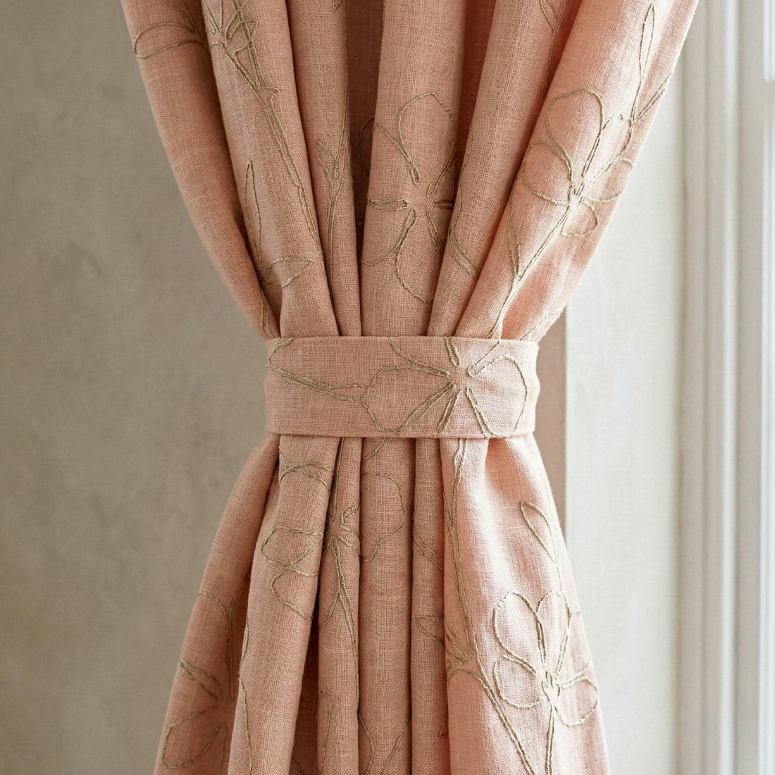 Embroidered Linen Curtains, Dusty Blush Pink, Minimal Floral — image 1