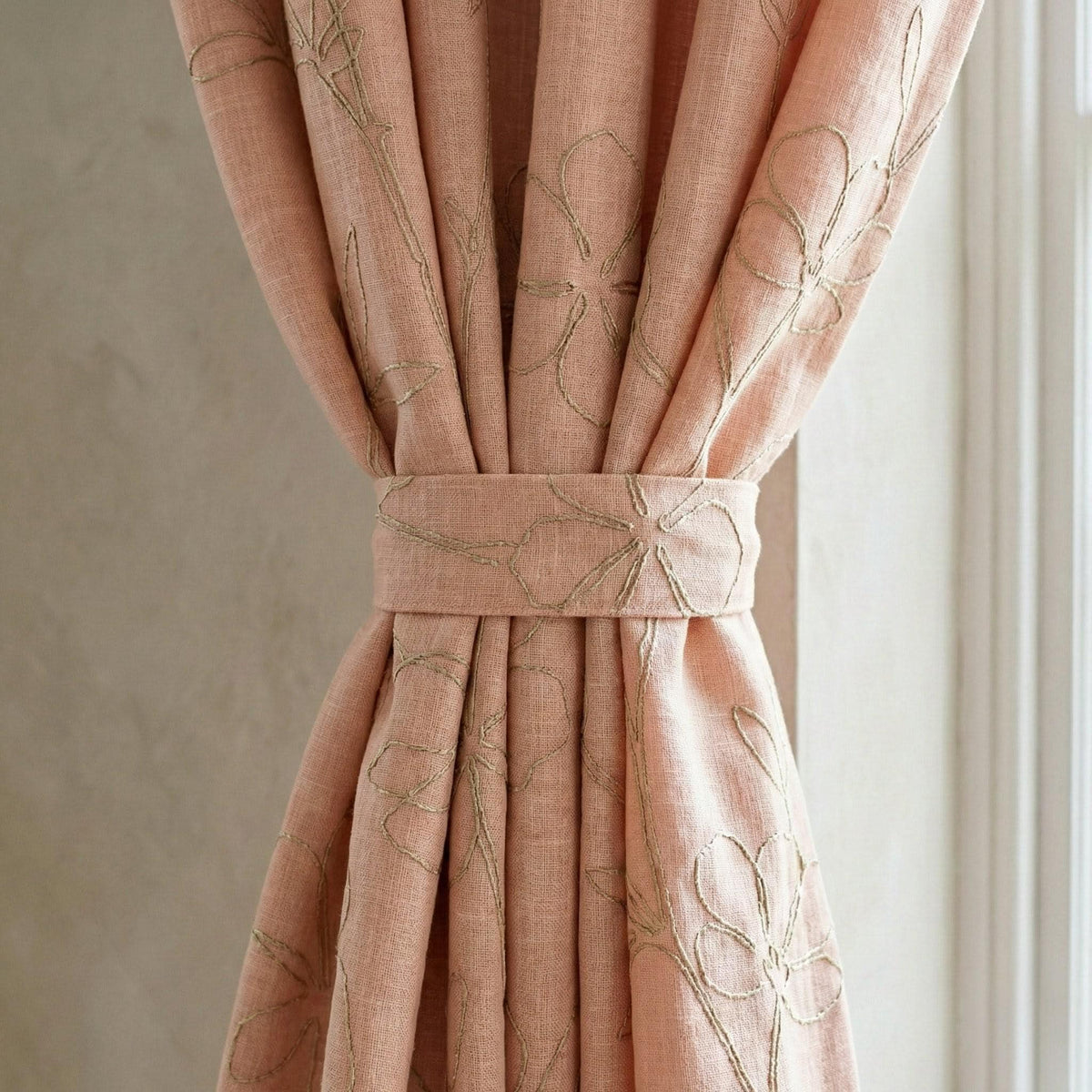 Embroidered Linen Curtains, Dusty Blush Pink, Minimal Floral — image 2