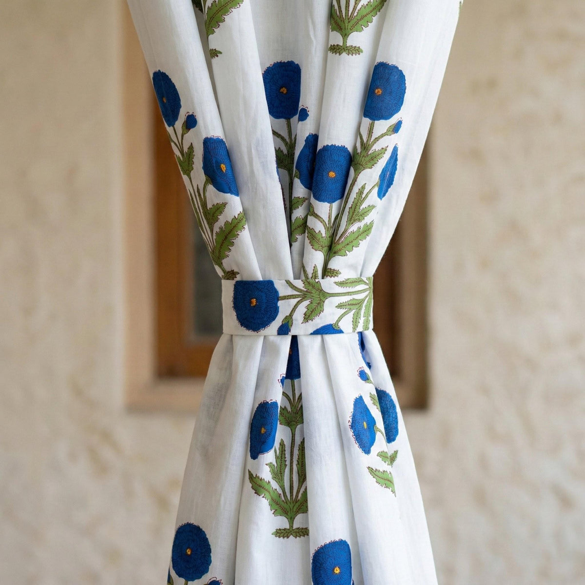 White Organic Cotton Curtains, Blue Floral Block Print, Boho Style — image 4