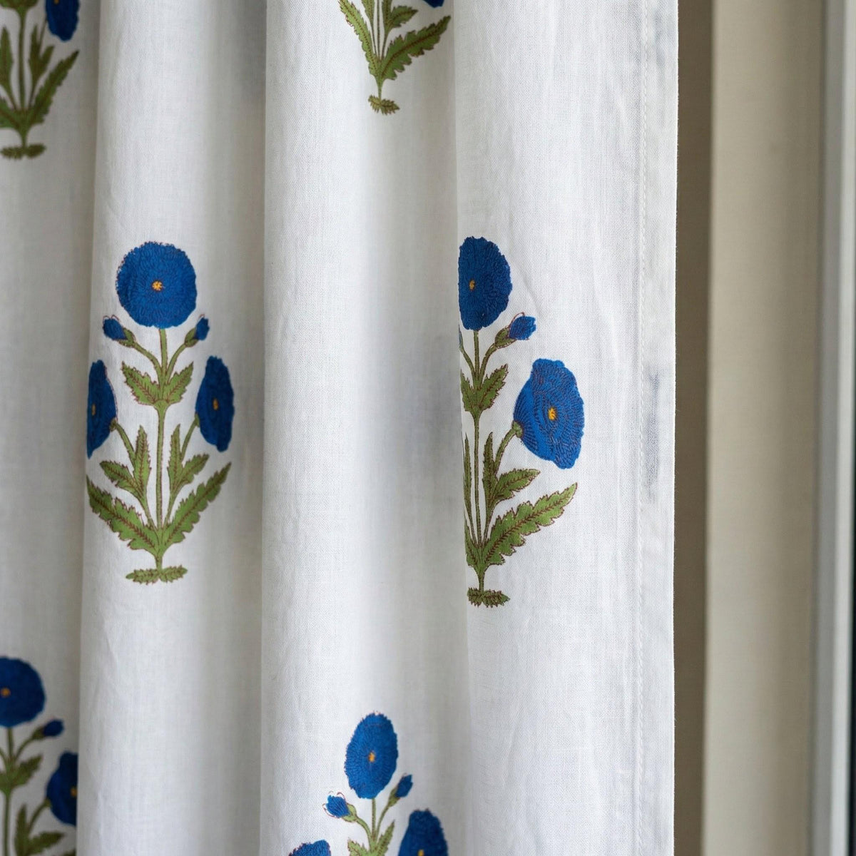 White Organic Cotton Curtains, Blue Floral Block Print, Boho Style — image 6
