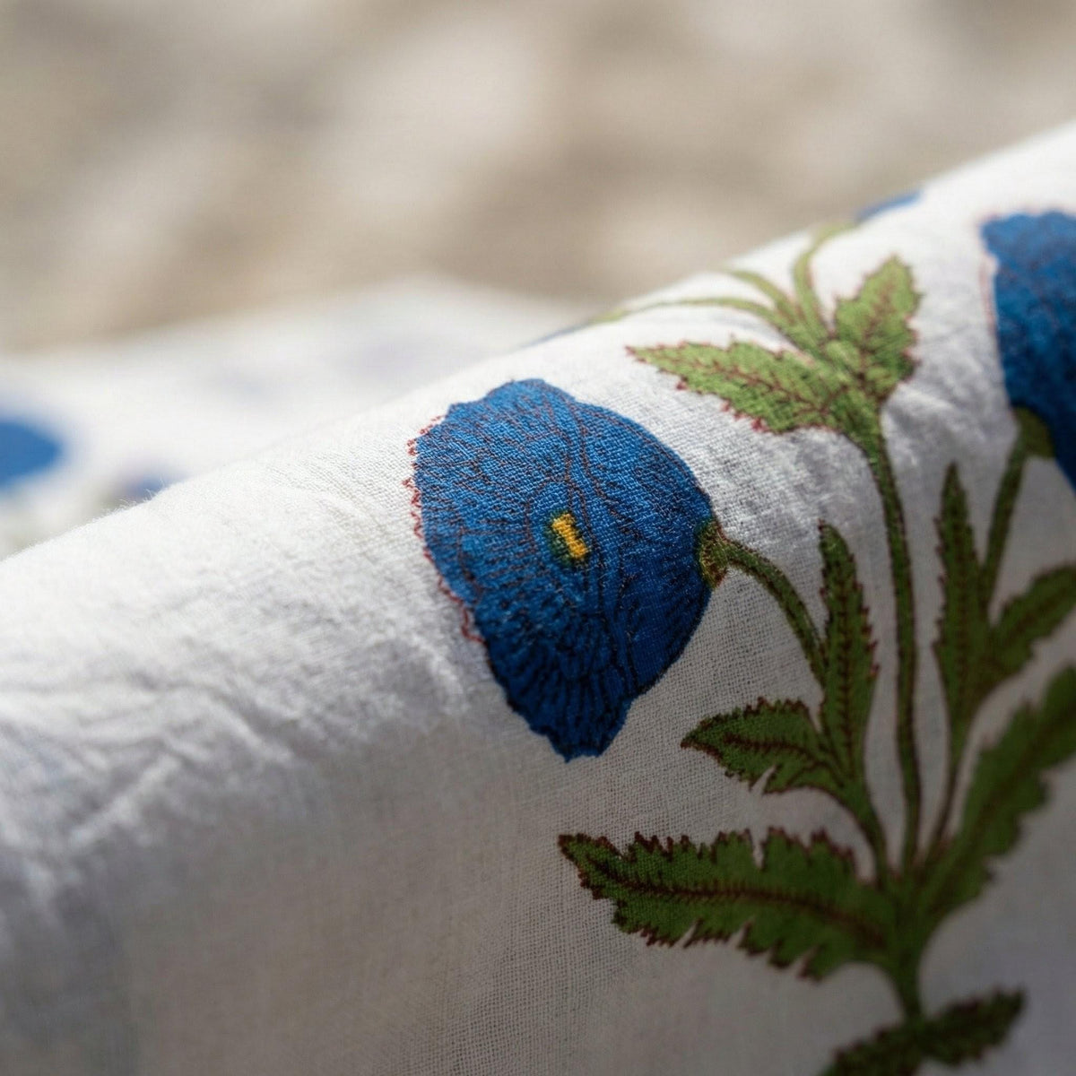 White Organic Cotton Curtains, Blue Floral Block Print, Boho Style — image 9