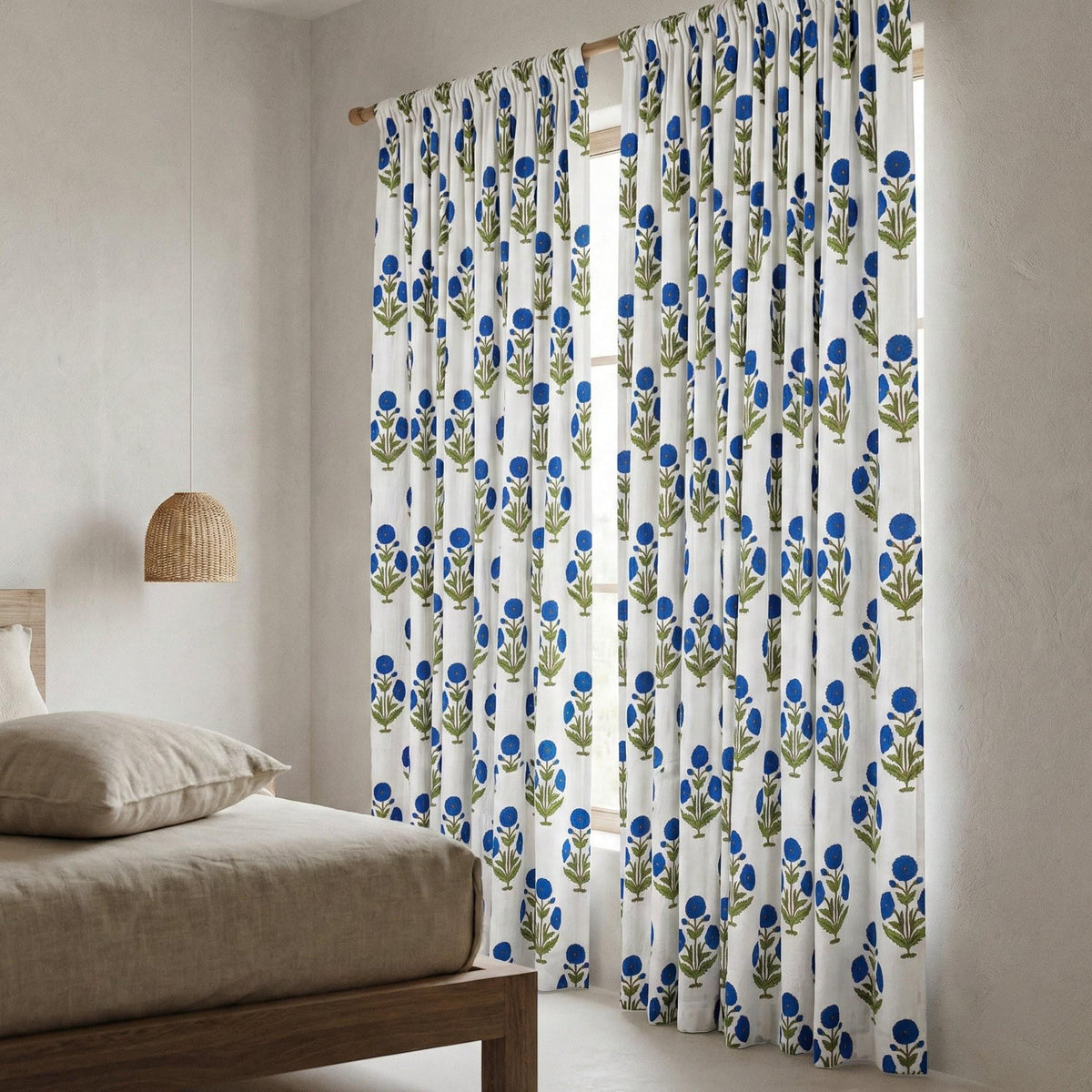White Organic Cotton Curtains, Blue Floral Block Print, Boho Style — image 10