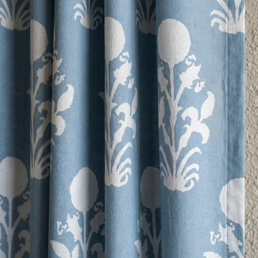 Dusty Blue Block Print Cotton Curtains, White Floral Drapes, Custom Size — image 1