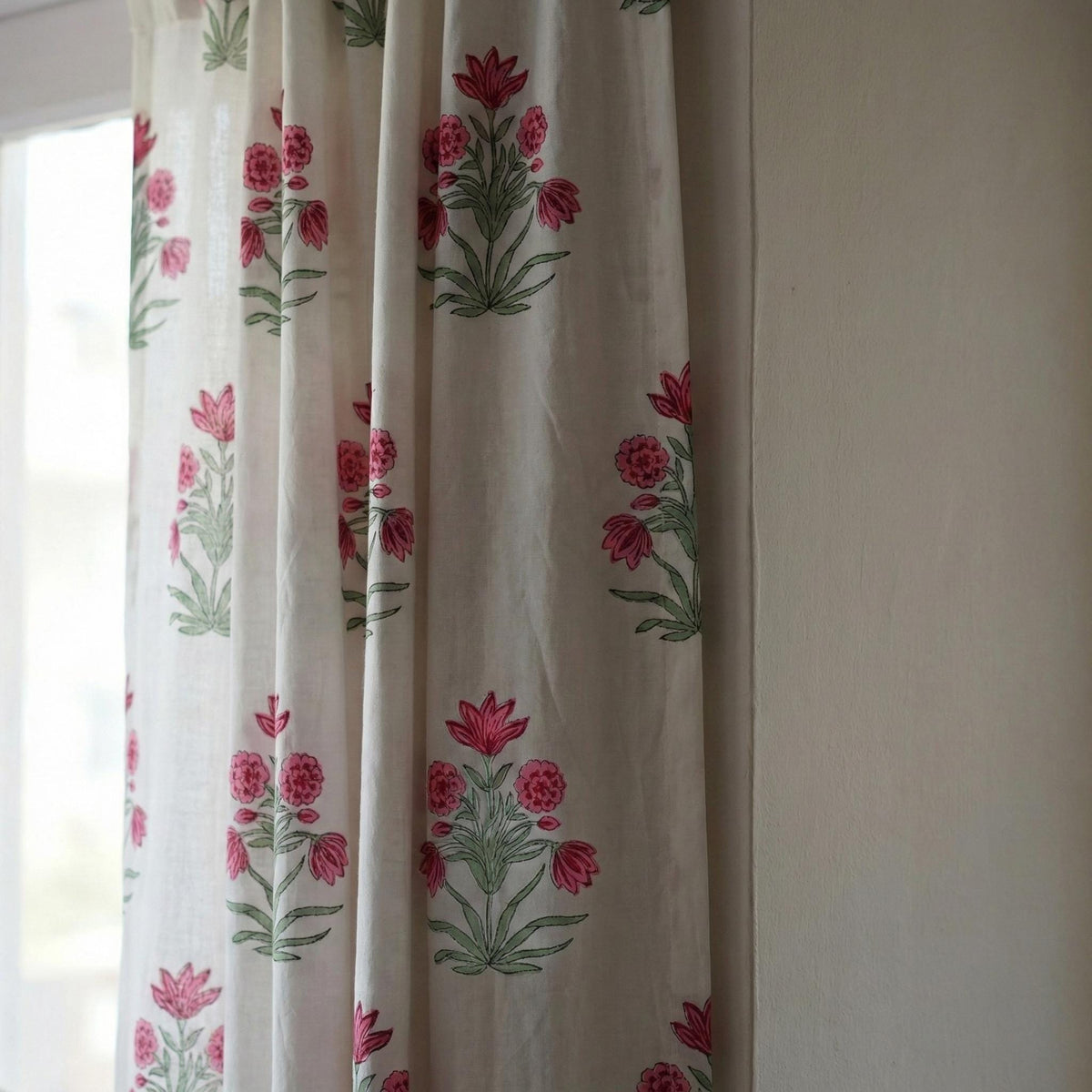 Hand Block Print Curtain, Pink Floral Organic Cotton, Semi Sheer or Blackout — image 7