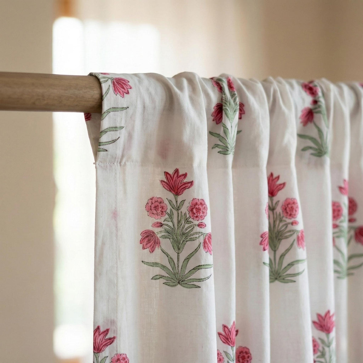 Hand Block Print Curtain, Pink Floral Organic Cotton, Semi Sheer or Blackout — image 9