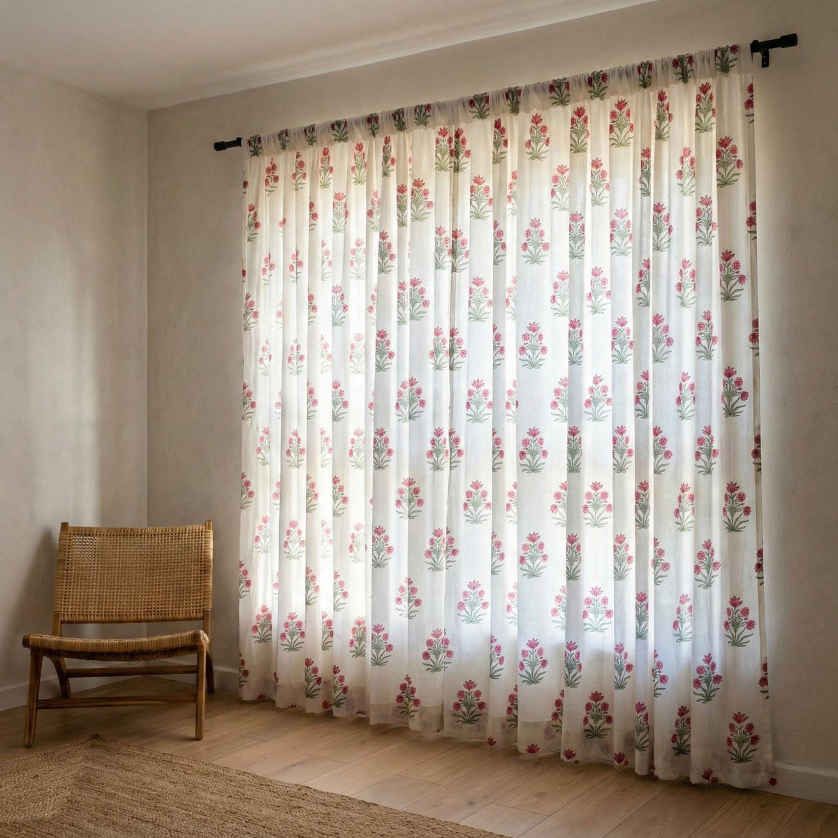 Hand Block Print Curtain, Pink Floral Organic Cotton, Semi Sheer or Blackout — image 10