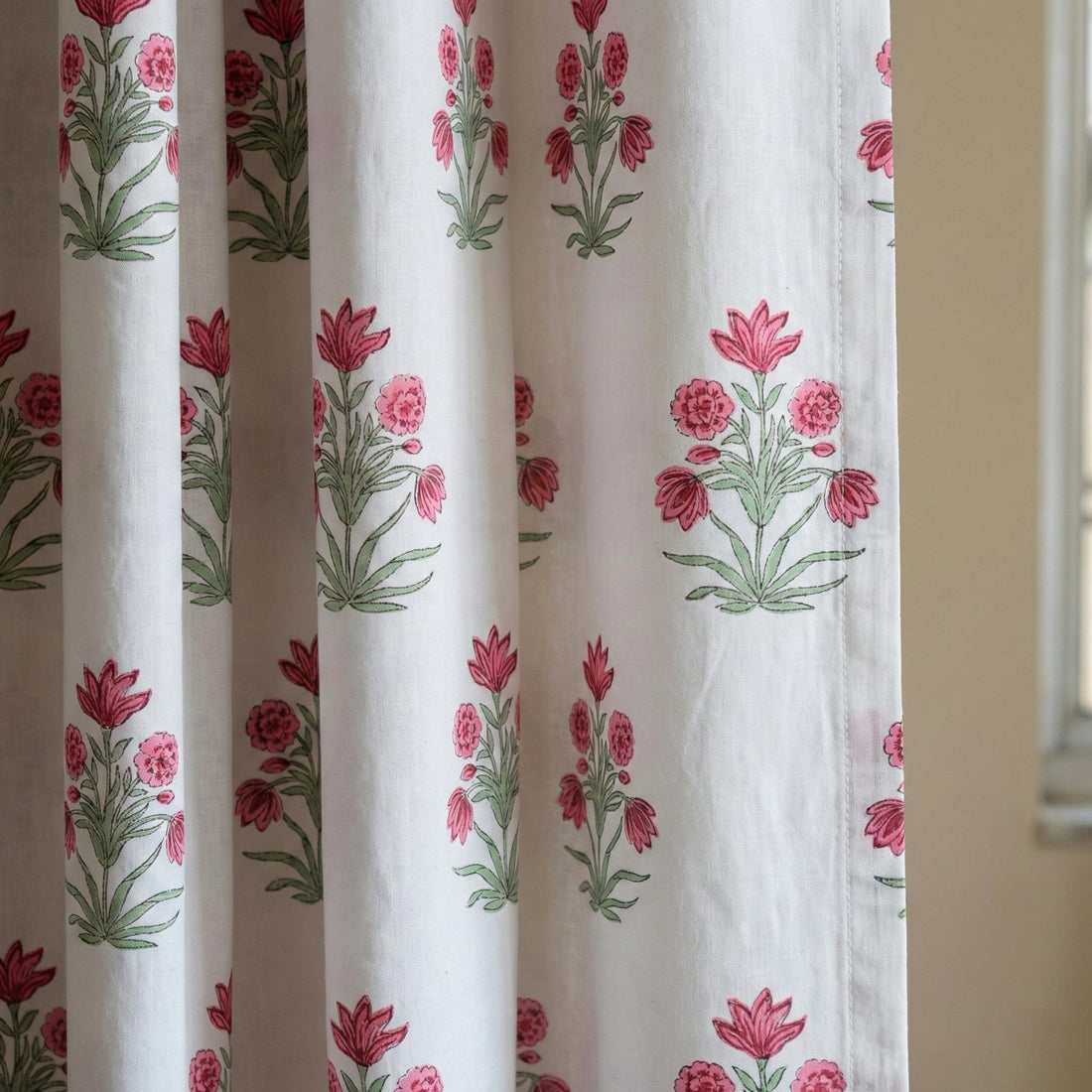 Hand Block Print Curtain, Pink Floral Organic Cotton, Semi Sheer or Blackout — image 1