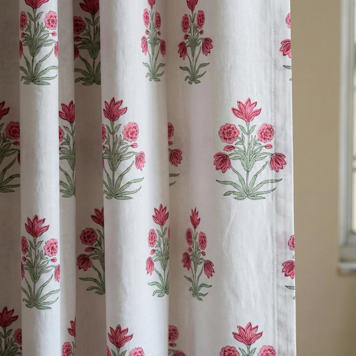 Hand Block Print Curtain, Pink Floral Organic Cotton, Semi Sheer or Blackout — image 1