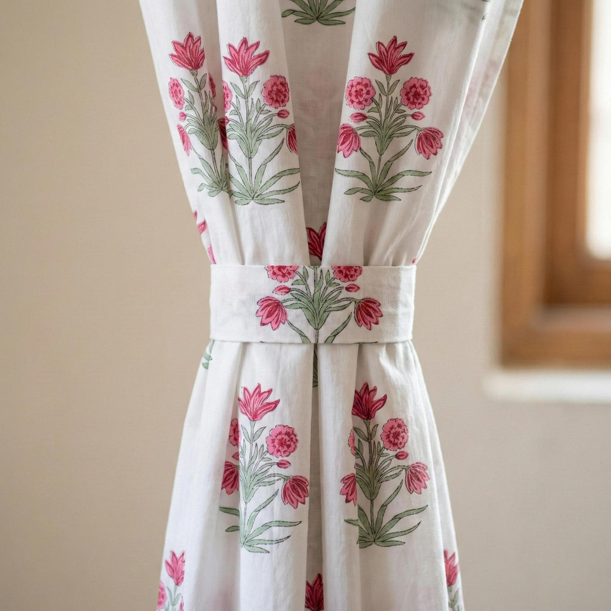 Hand Block Print Curtain, Pink Floral Organic Cotton, Semi Sheer or Blackout — image 3