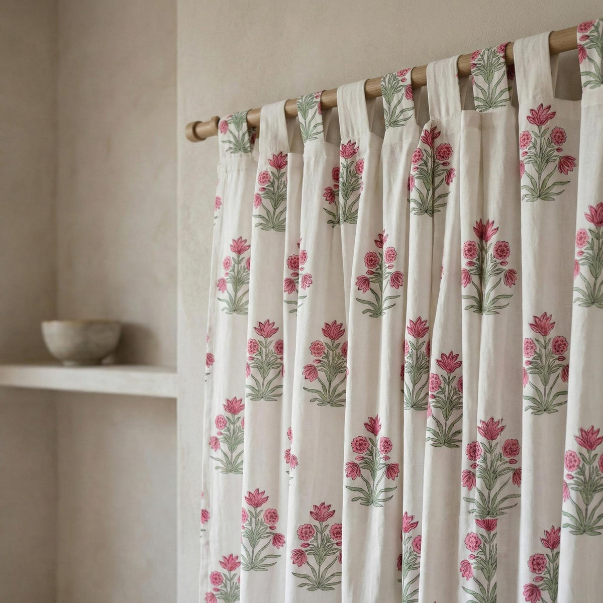 Hand Block Print Curtain, Pink Floral Organic Cotton, Semi Sheer or Blackout — image 4