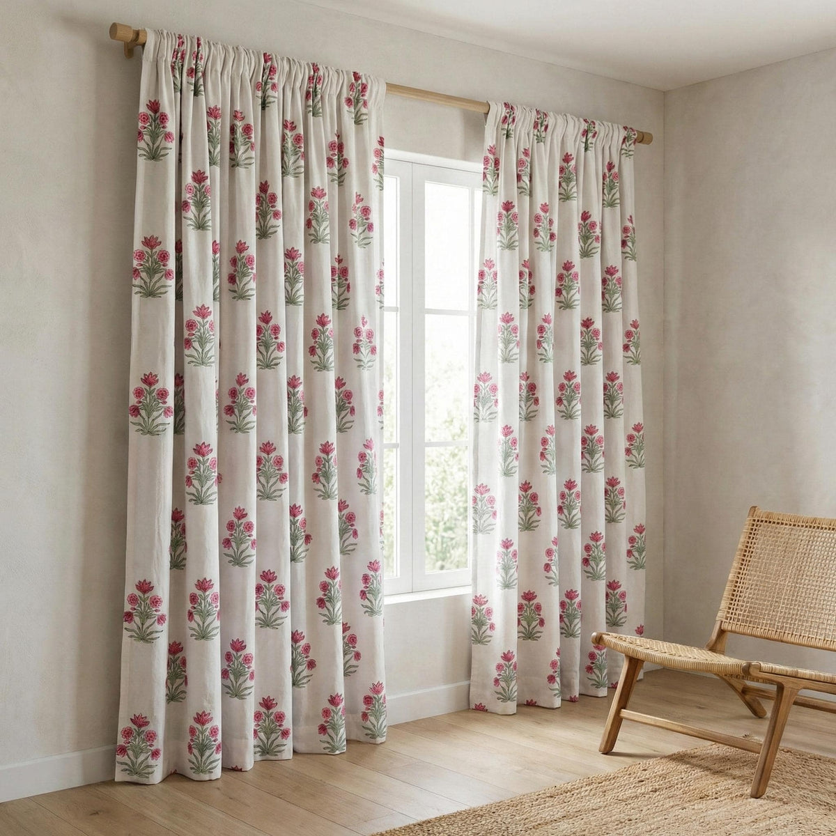 Hand Block Print Curtain, Pink Floral Organic Cotton, Semi Sheer or Blackout — image 5