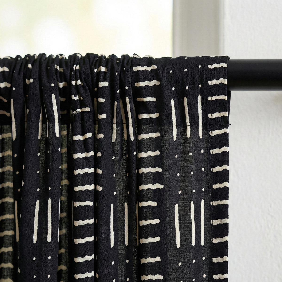 Indigo Black Mudcloth Block Print Curtains, Organic Cotton, Boho Geometric Drapes — image 10