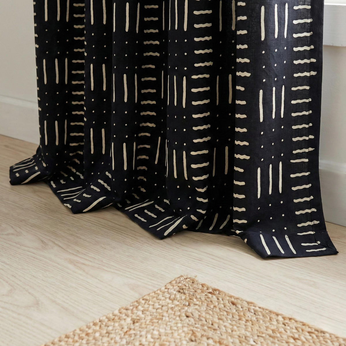 Indigo Black Mudcloth Block Print Curtains, Organic Cotton, Boho Geometric Drapes — image 3