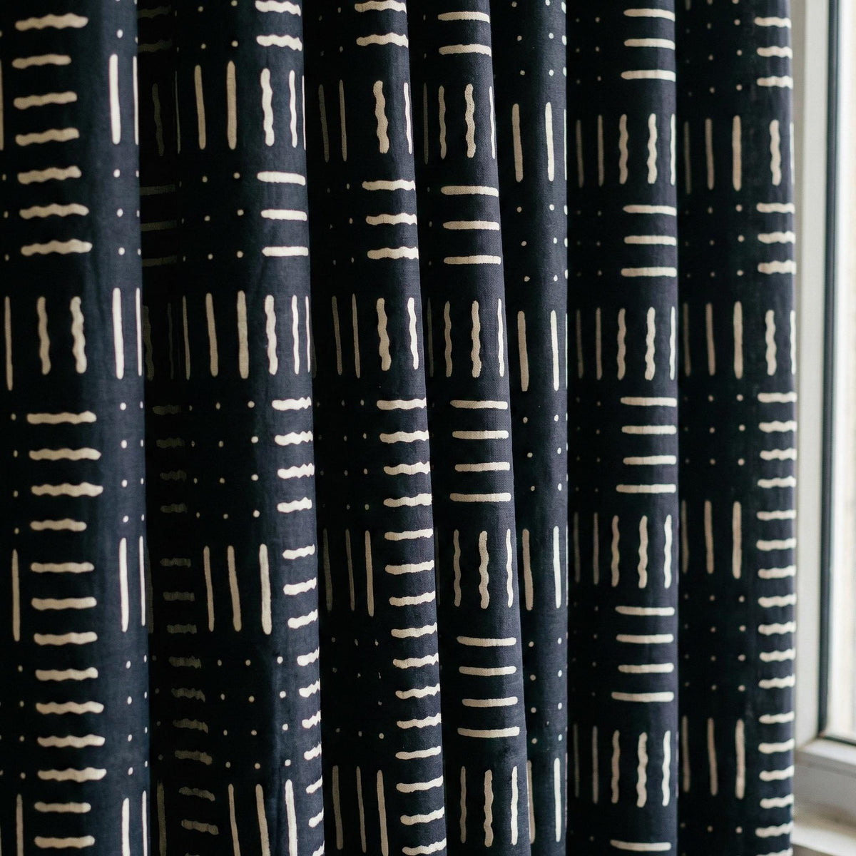 Indigo Black Mudcloth Block Print Curtains, Organic Cotton, Boho Geometric Drapes — image 7