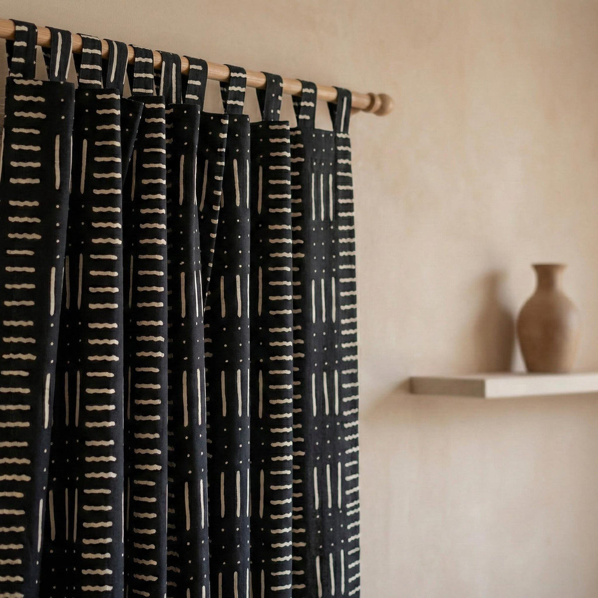 Indigo Black Mudcloth Block Print Curtains, Organic Cotton, Boho Geometric Drapes — image 9