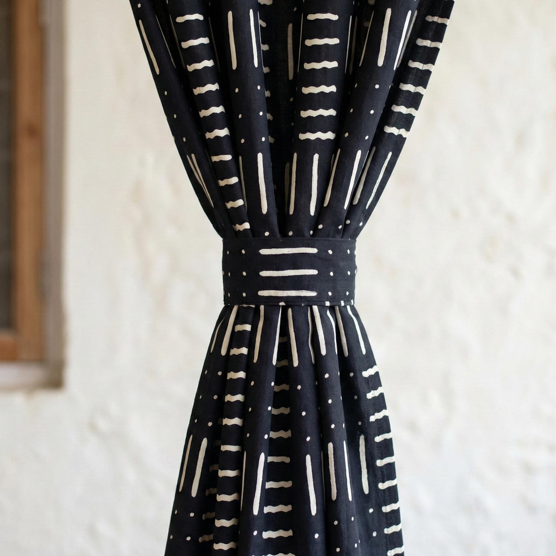 Indigo Black Mudcloth Block Print Curtains, Organic Cotton, Boho Geometric Drapes — image 1