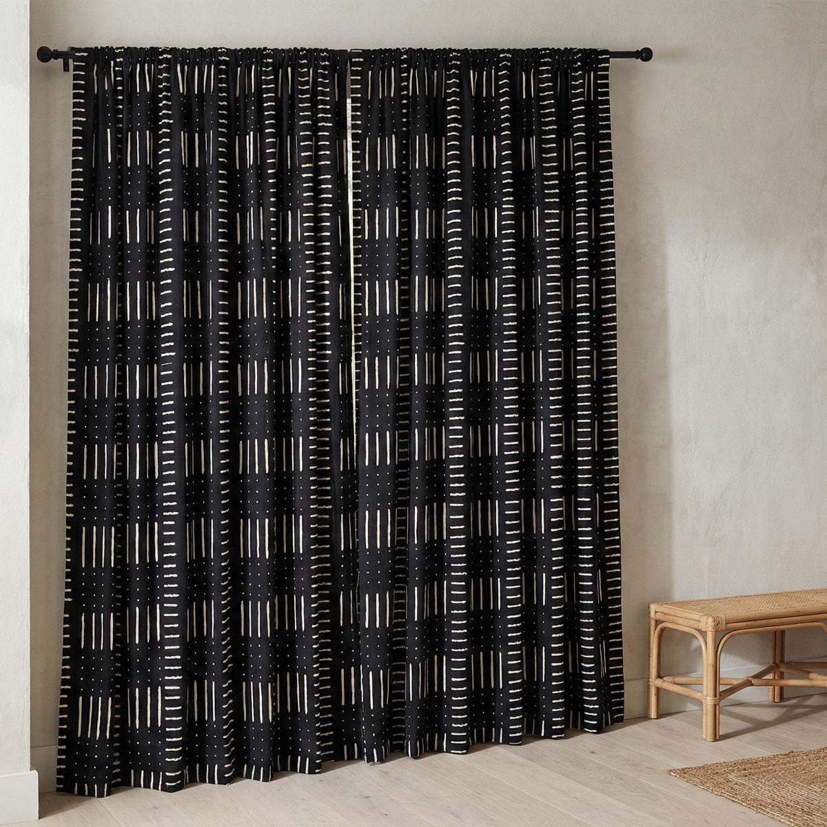 Indigo Black Mudcloth Block Print Curtains, Organic Cotton, Boho Geometric Drapes — image 5