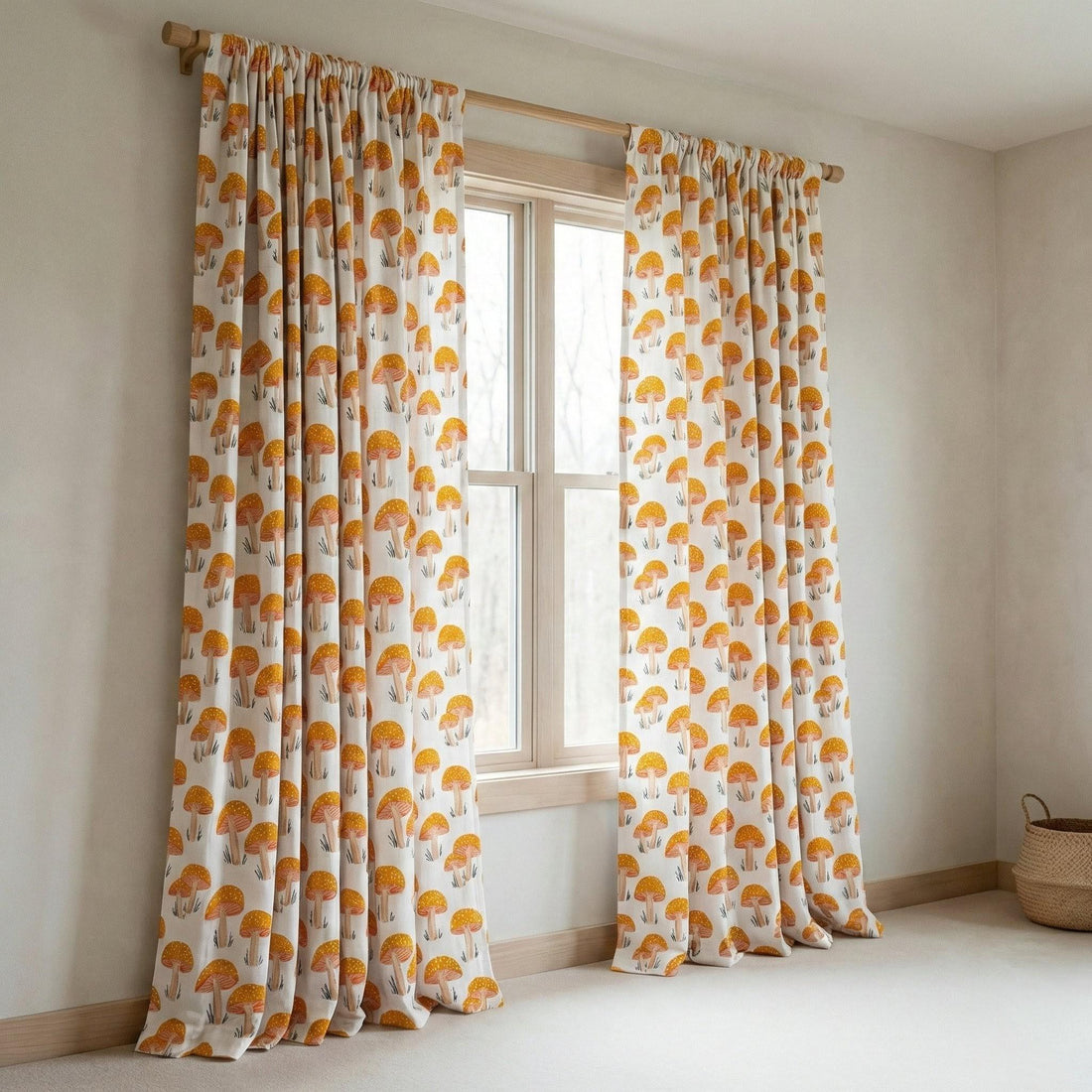 Mushroom Block Print Organic Cotton Curtain, Cottagecore Nursery — image 1