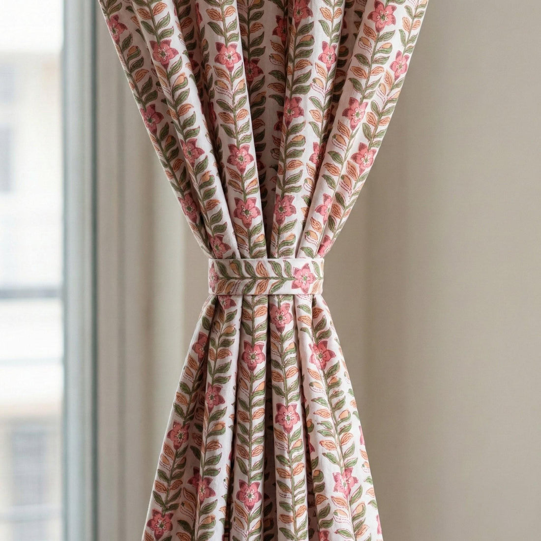 Hand Block Print Organic Cotton Curtain, Pink Floral Vine, Cottagecore Style — image 1